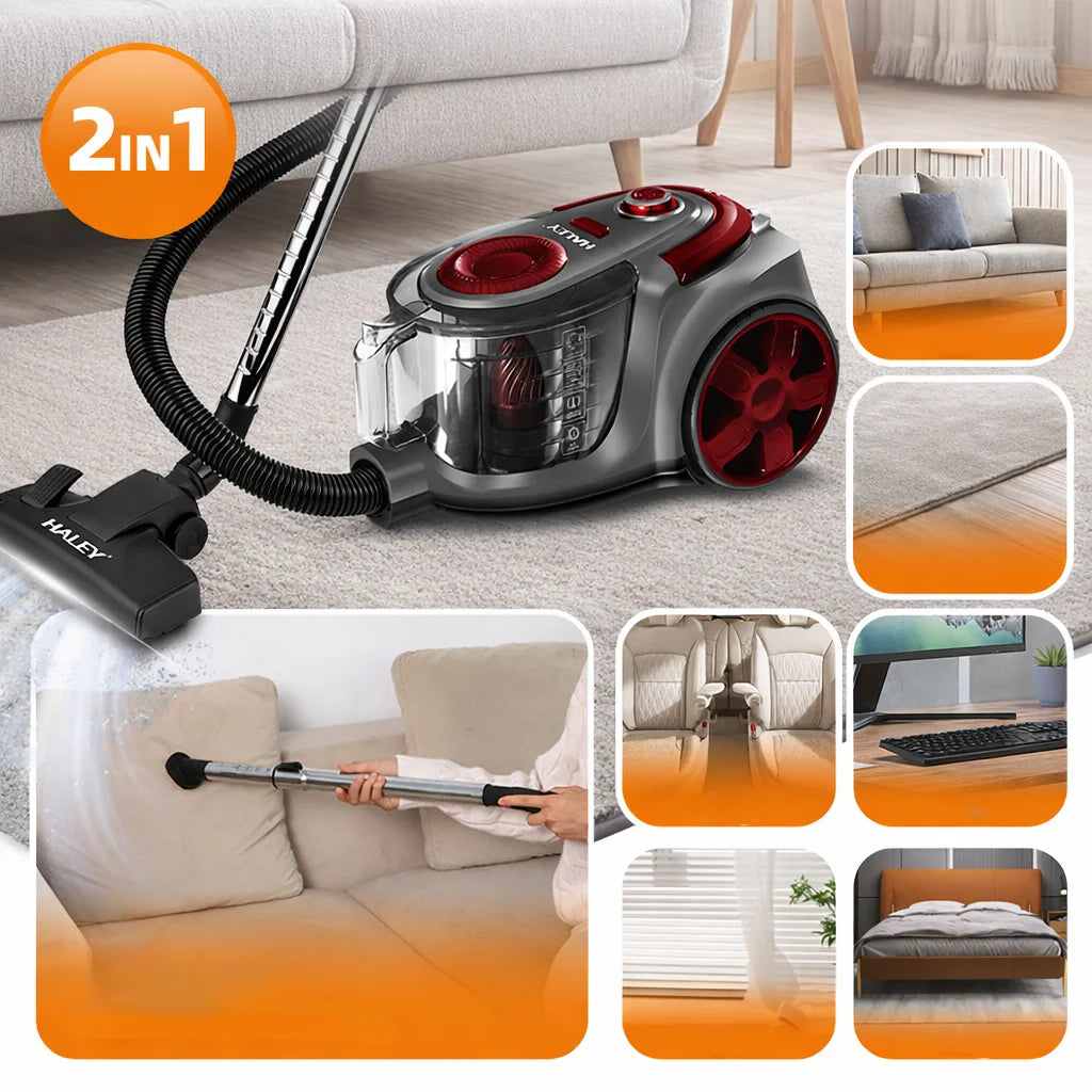 Aspirator fără sac HALEY 2L,1200W, Aspirator de praf Aspirator puternic cu fir, de calitate, cu ciclon, Rosu/Gri