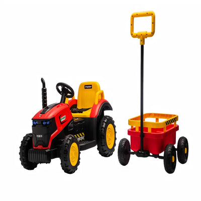 Tractor Electric KIDOO pentru Copii cu Telecomandă 2.4G, Remorcă Detașabilă, 12V 4.5Ah, 2 Motoare 380, Lumini LED, Muzică, Centură de Siguranță, Roșu/Galben