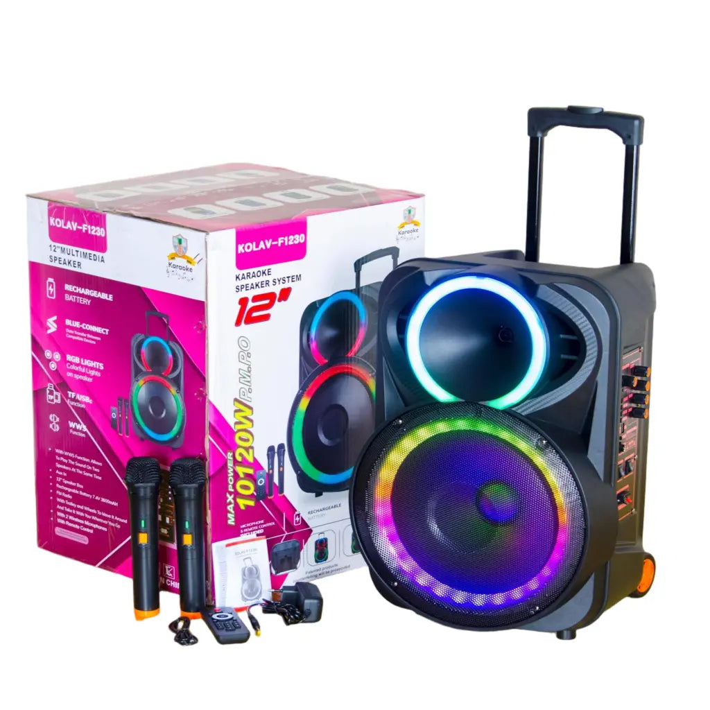 Boxă Portabilă Karaoke 12" KOLAV F1230, 120W PMPO, Acumulator Reîncărcabil, 2 Microfoane Wireless, Bluetooth, RGB LED, TWS, USB/TF, FM Radio, Telecomandă