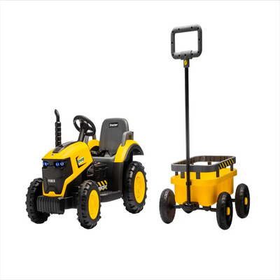 Tractor Electric KIDOO pentru Copii cu Telecomandă 2.4G, Remorcă Detașabilă, 12V 4.5Ah, 2 Motoare 380, Lumini LED, Muzică, Centură de Siguranță, Galben/Gri