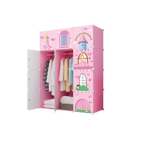 Dulap modular pentru copii, roz, AT PERFORMANCE®, 12 rafturi, durabil, 110X37X147 cm, castel printese