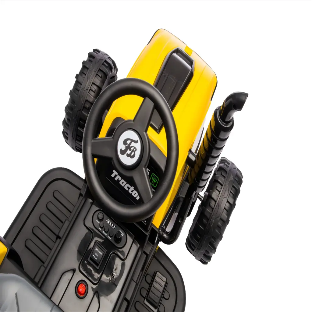 Tractor Electric KIDOO pentru Copii cu Telecomandă 2.4G, Remorcă Detașabilă, 12V 4.5Ah, 2 Motoare 380, Lumini LED, Muzică, Centură de Siguranță, Galben/Gri