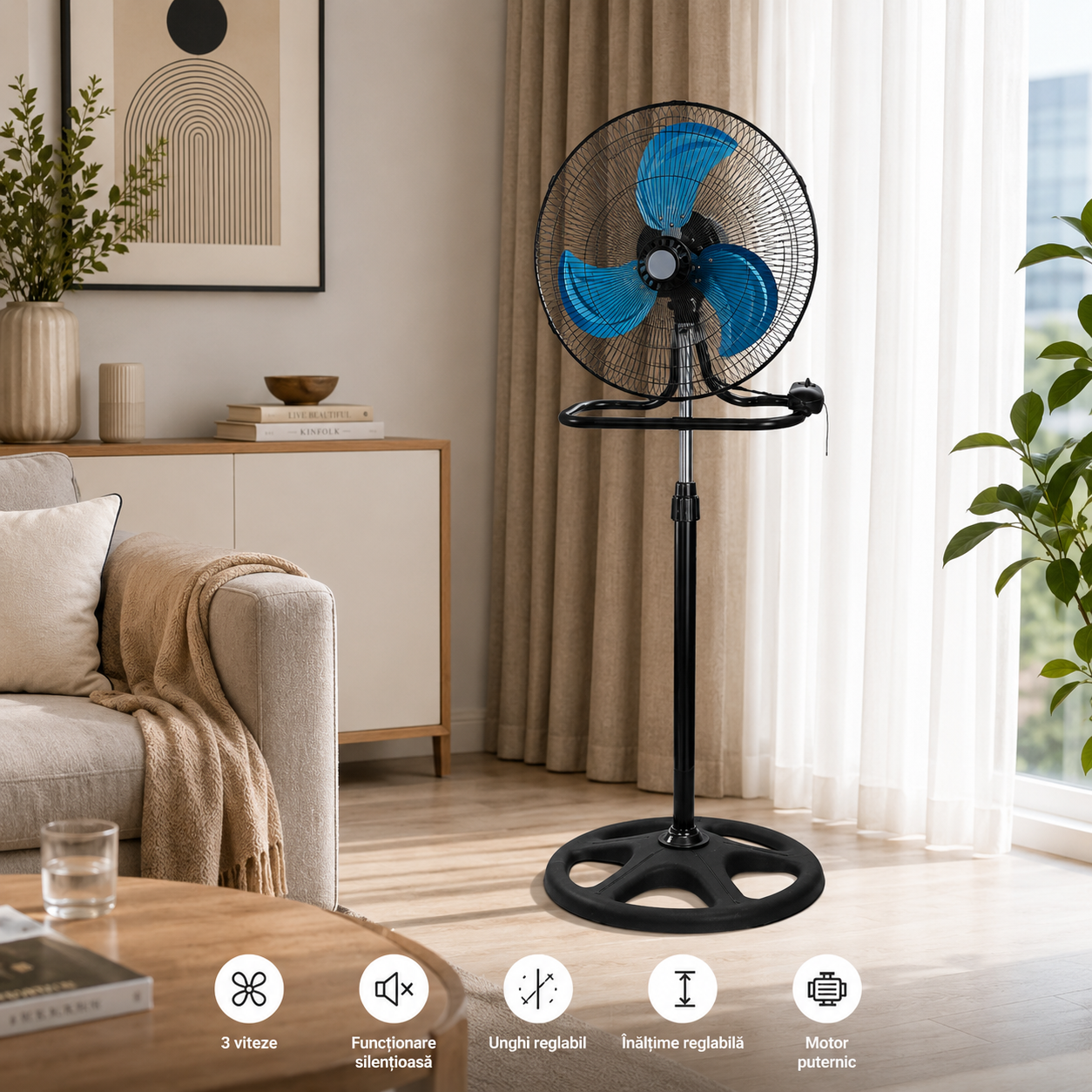 Ventilator 3 în 1 AT PERFORMANCE® AT-2055, 65W, 18 Inch, Podea, Perete și Picior, 3 Viteze, Oscilație, Reglabil pe Înălțime