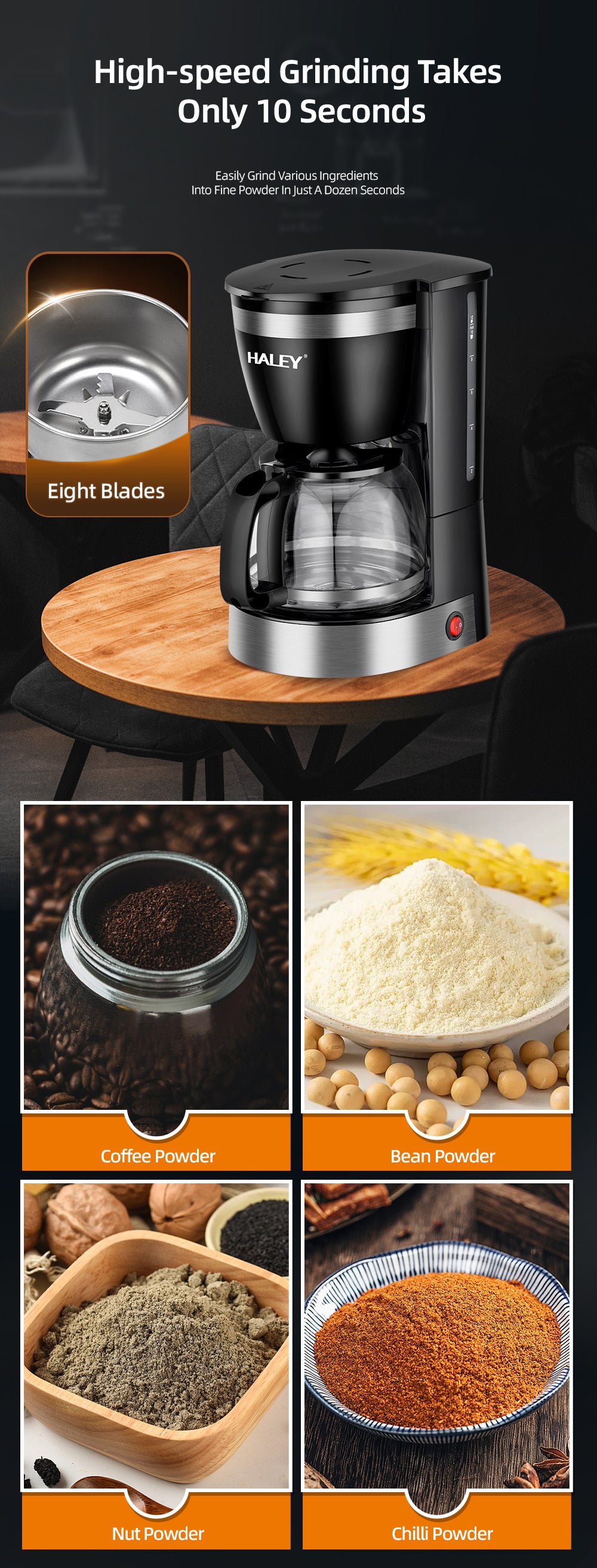 Aparat de Cafea HALEY HY-2808 – 800W, 1.25L, 12 Căni, Măcinare Rapidă, Sistem de Siguranță, Operare Ușoară