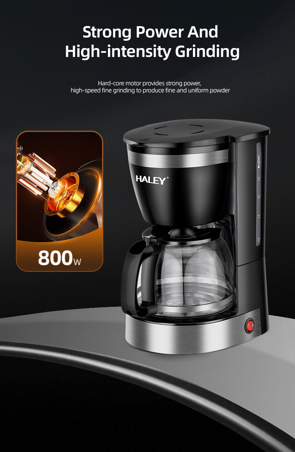Aparat de Cafea HALEY HY-2808 – 800W, 1.25L, 12 Căni, Măcinare Rapidă, Sistem de Siguranță, Operare Ușoară