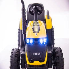 Tractor Electric KIDOO pentru Copii cu Telecomandă 2.4G, Remorcă Detașabilă, 12V 4.5Ah, 2 Motoare 380, Lumini LED, Muzică, Centură de Siguranță, Galben/Gri