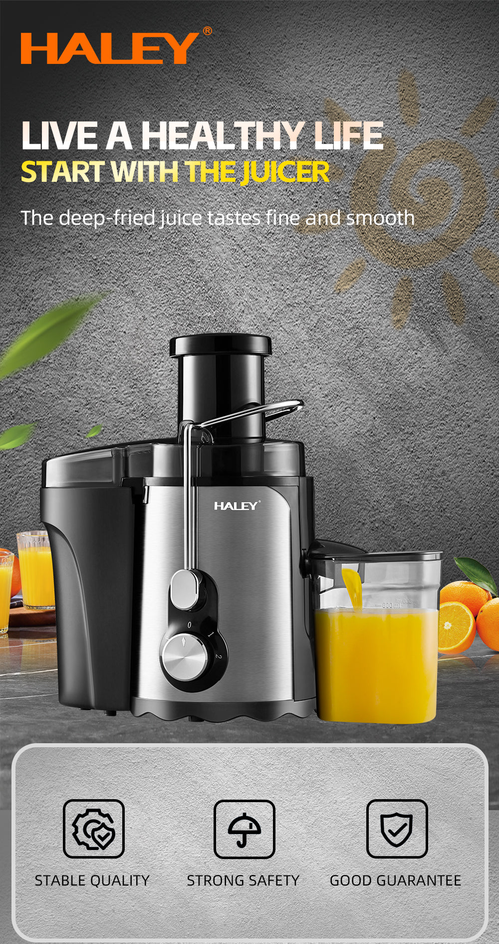 Storcător Electric de Fructe și Legume HALEY HY-2901, 1000W, Gură de Alimentare 70 mm, 3 Trepte de Viteză + Pulse, Recipient Suc 600 ml, Recipient Pulpă 1,5 L, Filtru Inox, Argintiu/Negru