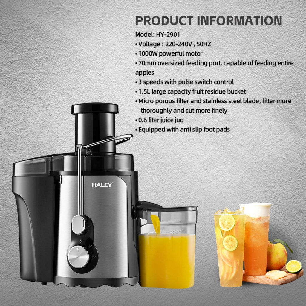 Storcător Electric de Fructe și Legume HALEY HY-2901, 1000W, Gură de Alimentare 70 mm, 3 Trepte de Viteză + Pulse, Recipient Suc 600 ml, Recipient Pulpă 1,5 L, Filtru Inox, Argintiu/Negru