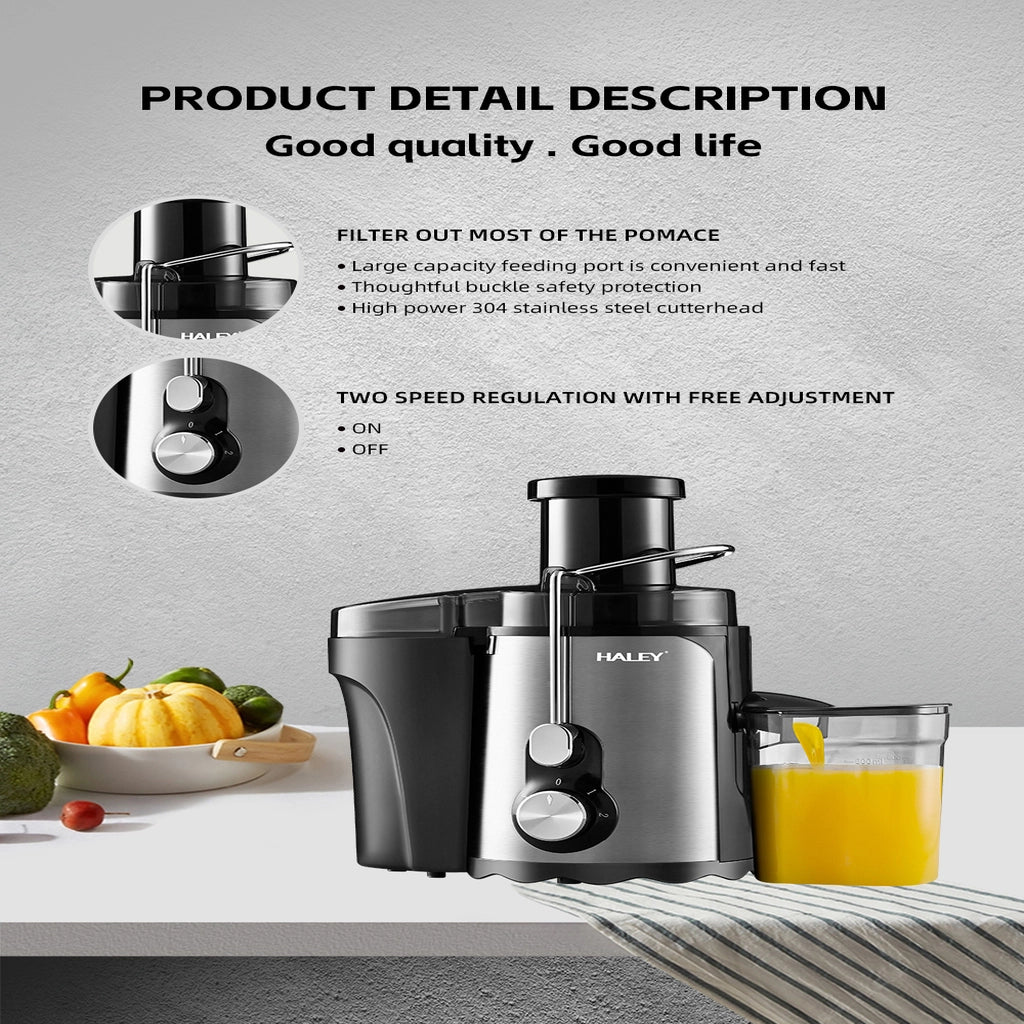 Storcător Electric de Fructe și Legume HALEY HY-2901, 1000W, Gură de Alimentare 70 mm, 3 Trepte de Viteză + Pulse, Recipient Suc 600 ml, Recipient Pulpă 1,5 L, Filtru Inox, Argintiu/Negru