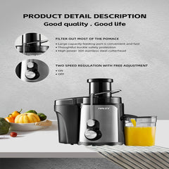 Storcător Electric de Fructe și Legume HALEY HY-2901, 1000W, Gură de Alimentare 70 mm, 3 Trepte de Viteză + Pulse, Recipient Suc 600 ml, Recipient Pulpă 1,5 L, Filtru Inox, Argintiu/Negru