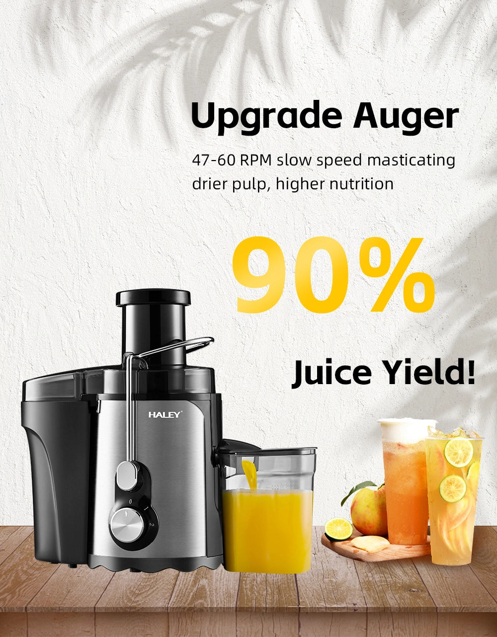 Storcător Electric de Fructe și Legume HALEY HY-2901, 1000W, Gură de Alimentare 70 mm, 3 Trepte de Viteză + Pulse, Recipient Suc 600 ml, Recipient Pulpă 1,5 L, Filtru Inox, Argintiu/Negru
