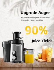 Storcător Electric de Fructe și Legume HALEY HY-2901, 1000W, Gură de Alimentare 70 mm, 3 Trepte de Viteză + Pulse, Recipient Suc 600 ml, Recipient Pulpă 1,5 L, Filtru Inox, Argintiu/Negru