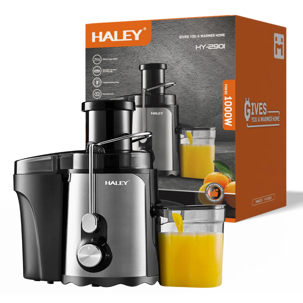 Storcător Electric de Fructe și Legume HALEY HY-2901, 1000W, Gură de Alimentare 70 mm, 3 Trepte de Viteză + Pulse, Recipient Suc 600 ml, Recipient Pulpă 1,5 L, Filtru Inox, Argintiu/Negru