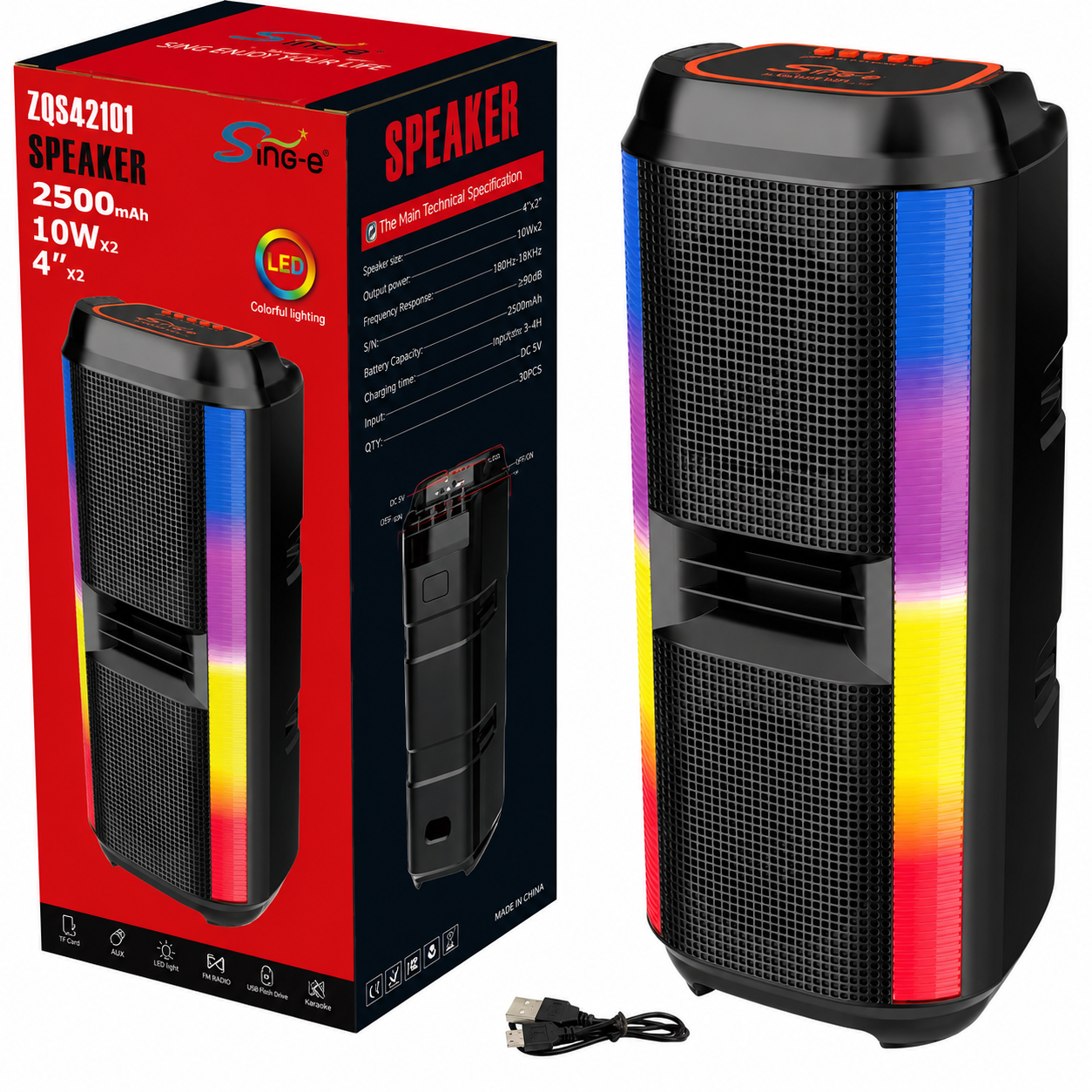 Boxă Portabilă Bluetooth Sing-e ZQS42101, 20W, 2x4", Baterie 2500mAh, LED RGB, USB/TF, Bluetooth 5.0