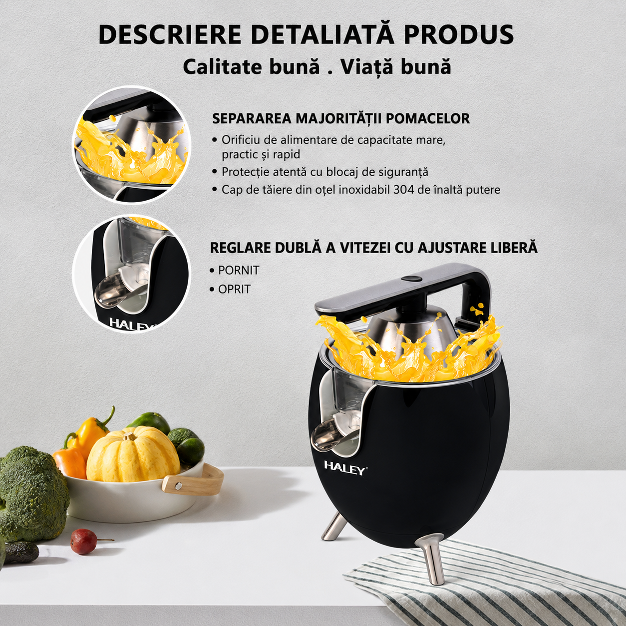 Storcător Electric de Citrice HALEY HY-2965, 500W, 2 Conuri pentru Citrice, Sistem de Presare, Componente din Inox, Funcție Anti-Picurare, Negru