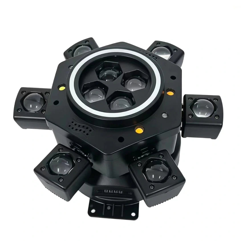 Moving Head LED Bee-Eye cu 6 Beam-uri Mobile, Laser Roșu și Verde, Stroboscop Dublu și Bandă LED RGB – Control DMX512 26 Canale, Master/Slave, Auto-Run și Sound Active pentru Club, DJ, Nunți și Evenimente