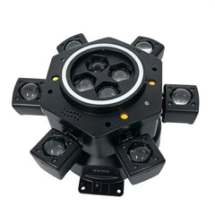 Moving Head LED Bee-Eye cu 6 Beam-uri Mobile, Laser Roșu și Verde, Stroboscop Dublu și Bandă LED RGB – Control DMX512 26 Canale, Master/Slave, Auto-Run și Sound Active pentru Club, DJ, Nunți și Evenimente