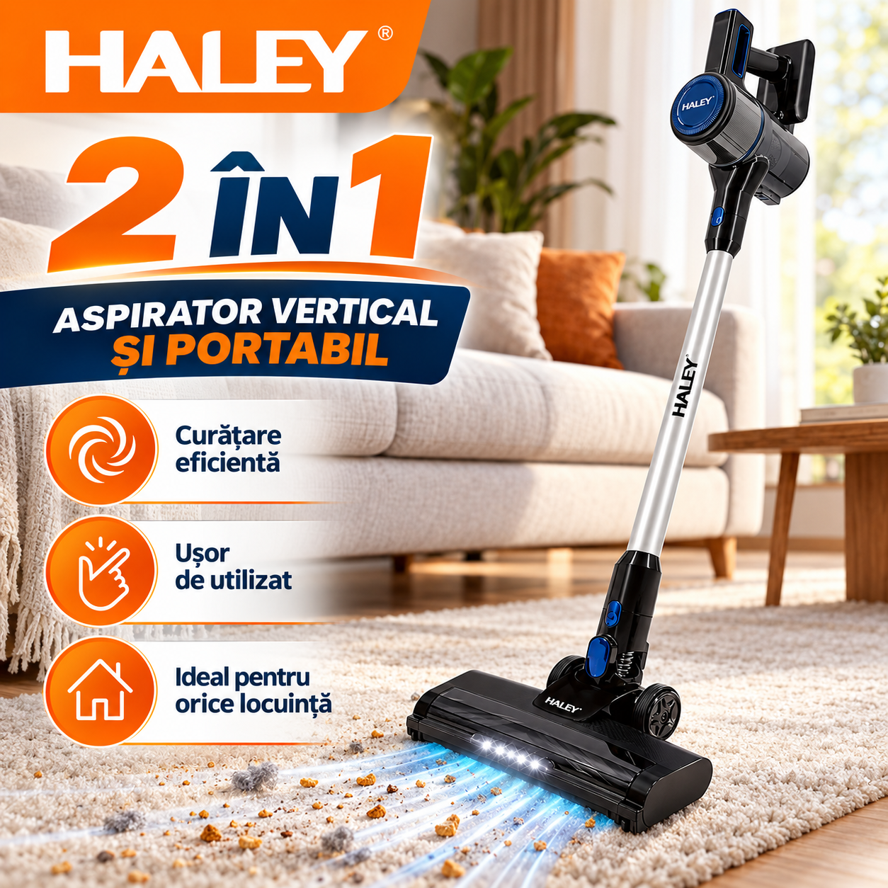 Aspirator Vertical Fără Fir 2 în 1 HALEY HY-3913, 300W, Acumulator Li-Ion 22.2V 2200mAh, Autonomie până la 35 min, Recipient 1L, Perie LED, Negru/Argintiu