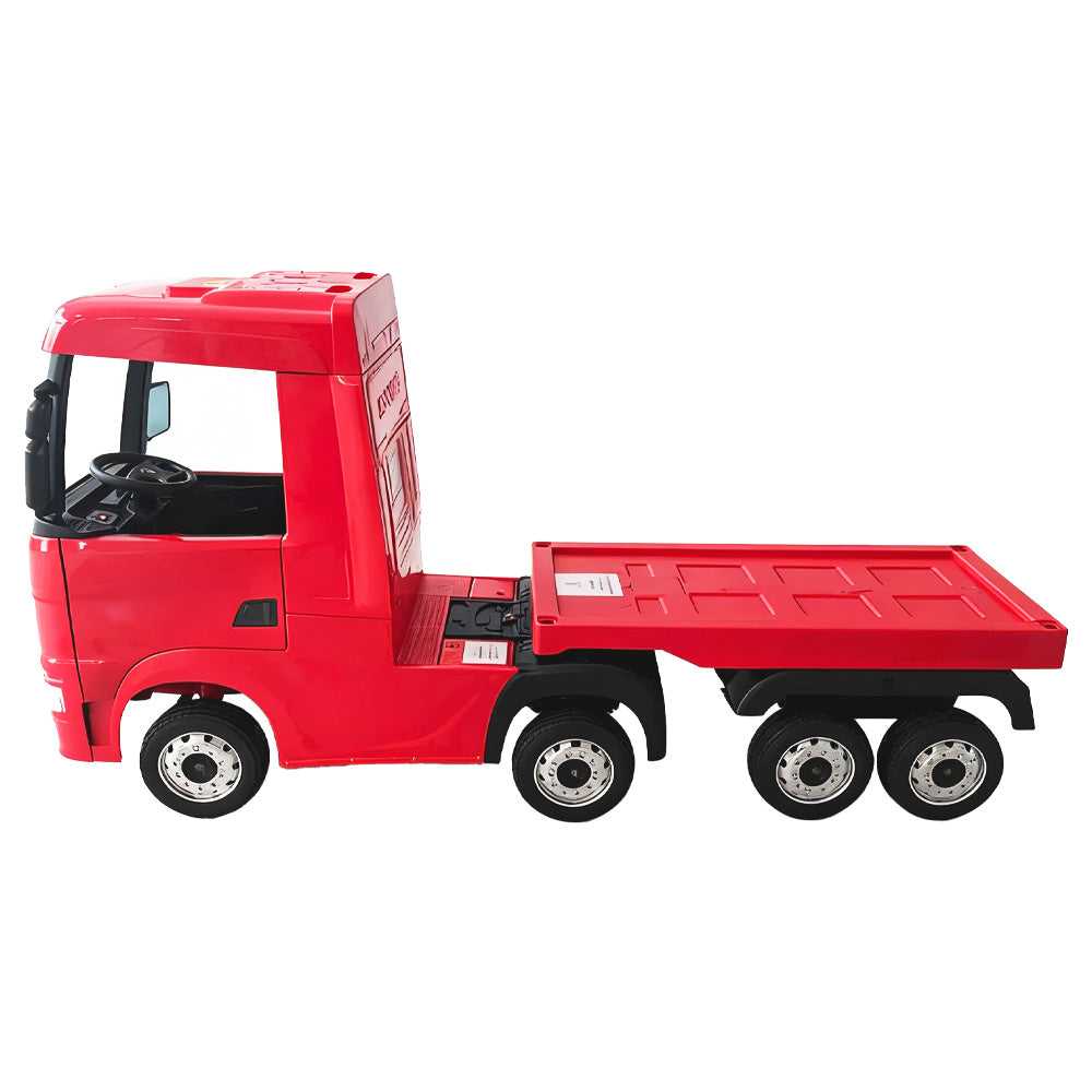 Camion electric cu remorcă pentru copii oficial licentiat, KIDOO, 12V, 2 motoare 35W, telecomandă 2.4G, suspensie pe 4 roți, lumini, muzică, viteză 3-5 km/h, uși funcționale