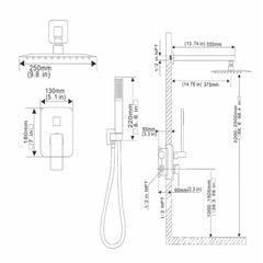 Sistem de Cadă-Duș negru mat, montaj pe perete, cap ploaie 10” și pară de duș, presiune înaltă