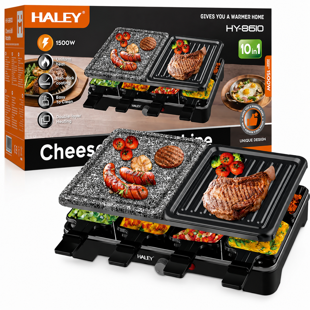 Grill Electric Multifuncțional HALEY HY-8610, 10 în 1, 1500W, Raclette cu 8 Tăvițe, Placă Grill și Piatră pentru Gătit, Temperatură Reglabilă