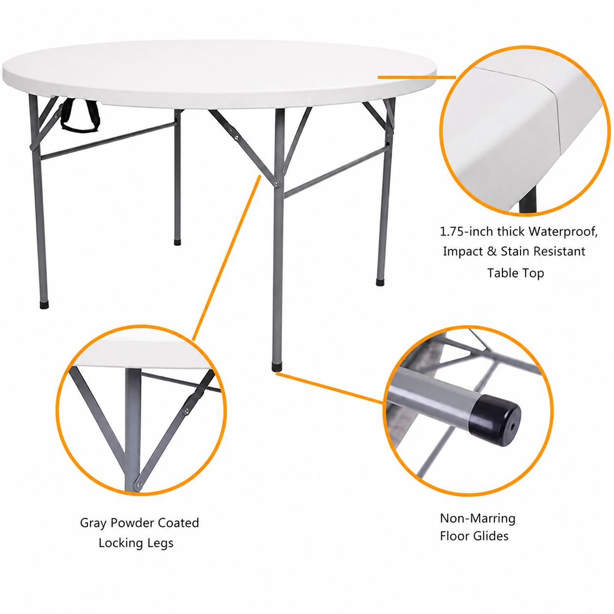 Masă Pliabilă Rotundă AT PERFORMANCE®, Ø180 cm, Cadru Metalic, Blat HDPE, Alb, pentru Evenimente și Catering