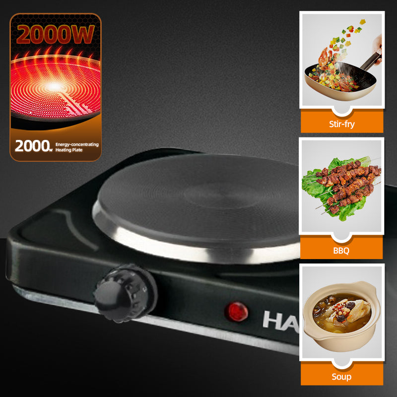 Plită Electrică HALEY cu 2 Zone de Gătit – 2000W, Timer, Protecție la Supraîncălzire, Design Inoxidabil Elegant, Negru