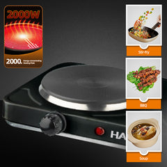Plită Electrică HALEY cu 2 Zone de Gătit – 2000W, Timer, Protecție la Supraîncălzire, Design Inoxidabil Elegant, Negru