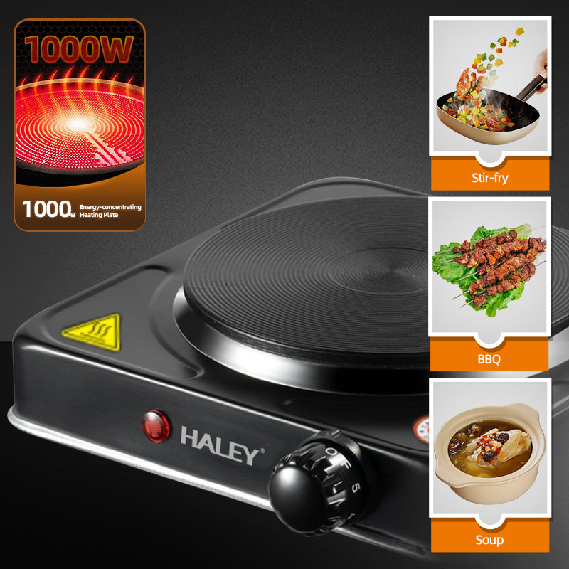 Plită Electrică HALEY cu 1 Zonă de Gătit – 1000W, Protecție la Supraîncălzire, Design Compact din Oțel Inoxidabil
