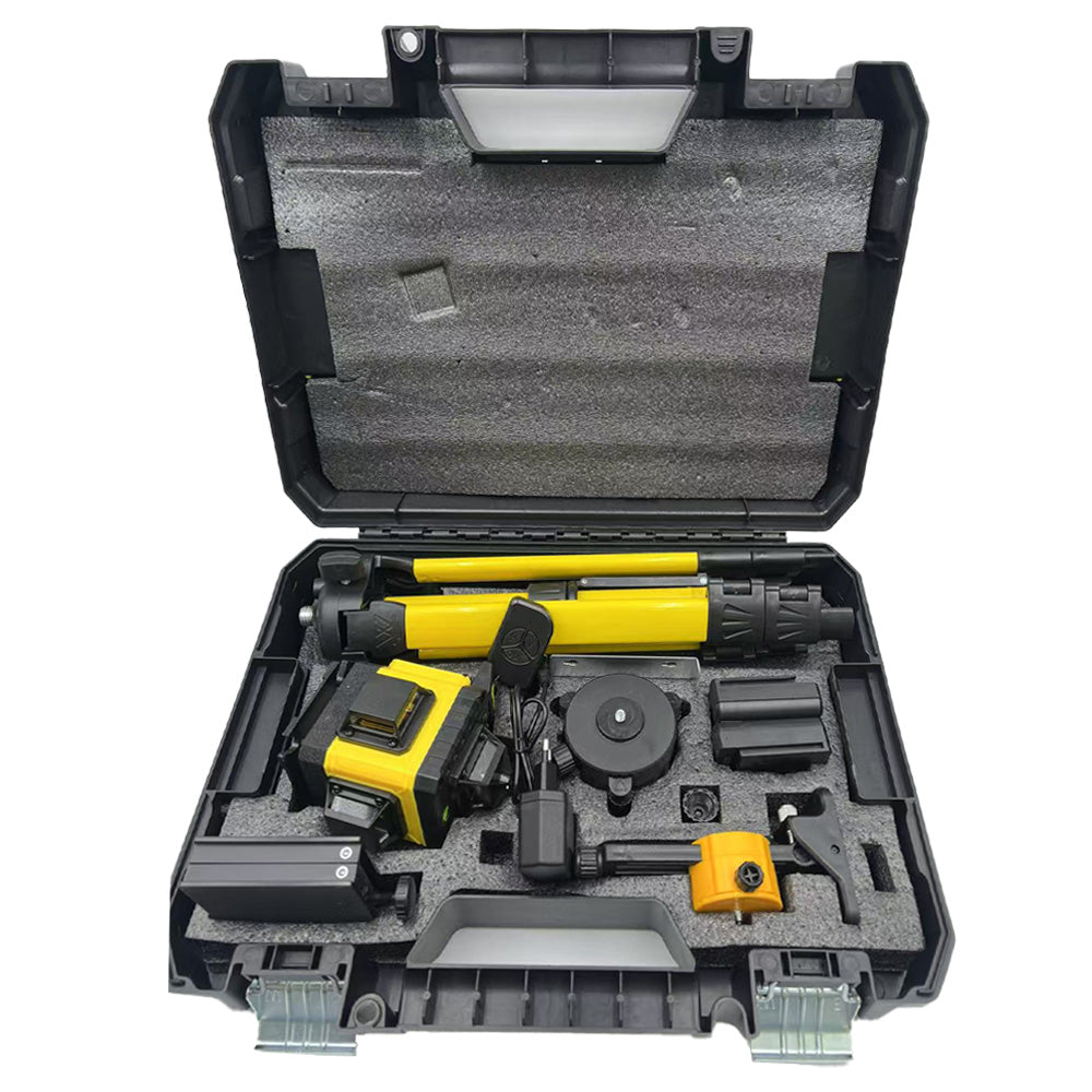 Nivel laser 4D cu 16 linii, AT PERFORMANCE®, 360°, Platforma de ridicare, cu autonivelare, Telecomanda, Lumina verde, Trepied 150 cm, Negru/GALBEN.