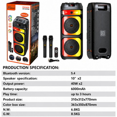 Boxă Portabilă Karaoke Sing-e ZQS10225, Bluetooth, 2x10", 80W, DSP Audio, Microfon Inclus, LED RGB, Acumulator 6000mAh, Telecomandă
