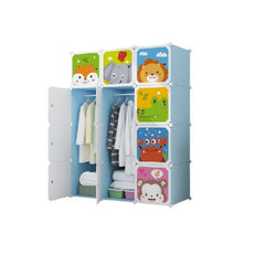 Dulap modular pentru copii, albastru, AT PERFORMANCE®, 12 rafturi, durabil, 76X37X147 cm, animalute zoo