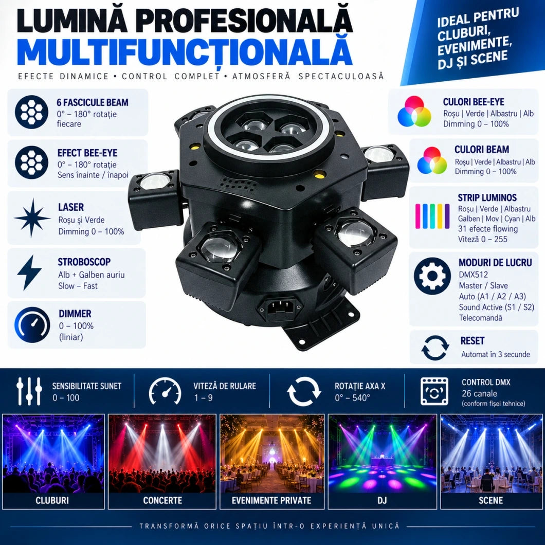 Moving Head LED Bee-Eye cu 6 Beam-uri Mobile, Laser Roșu și Verde, Stroboscop Dublu și Bandă LED RGB – Control DMX512 26 Canale, Master/Slave, Auto-Run și Sound Active pentru Club, DJ, Nunți și Evenimente