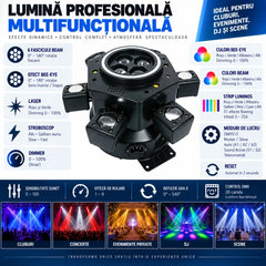 Moving Head LED Bee-Eye cu 6 Beam-uri Mobile, Laser Roșu și Verde, Stroboscop Dublu și Bandă LED RGB – Control DMX512 26 Canale, Master/Slave, Auto-Run și Sound Active pentru Club, DJ, Nunți și Evenimente