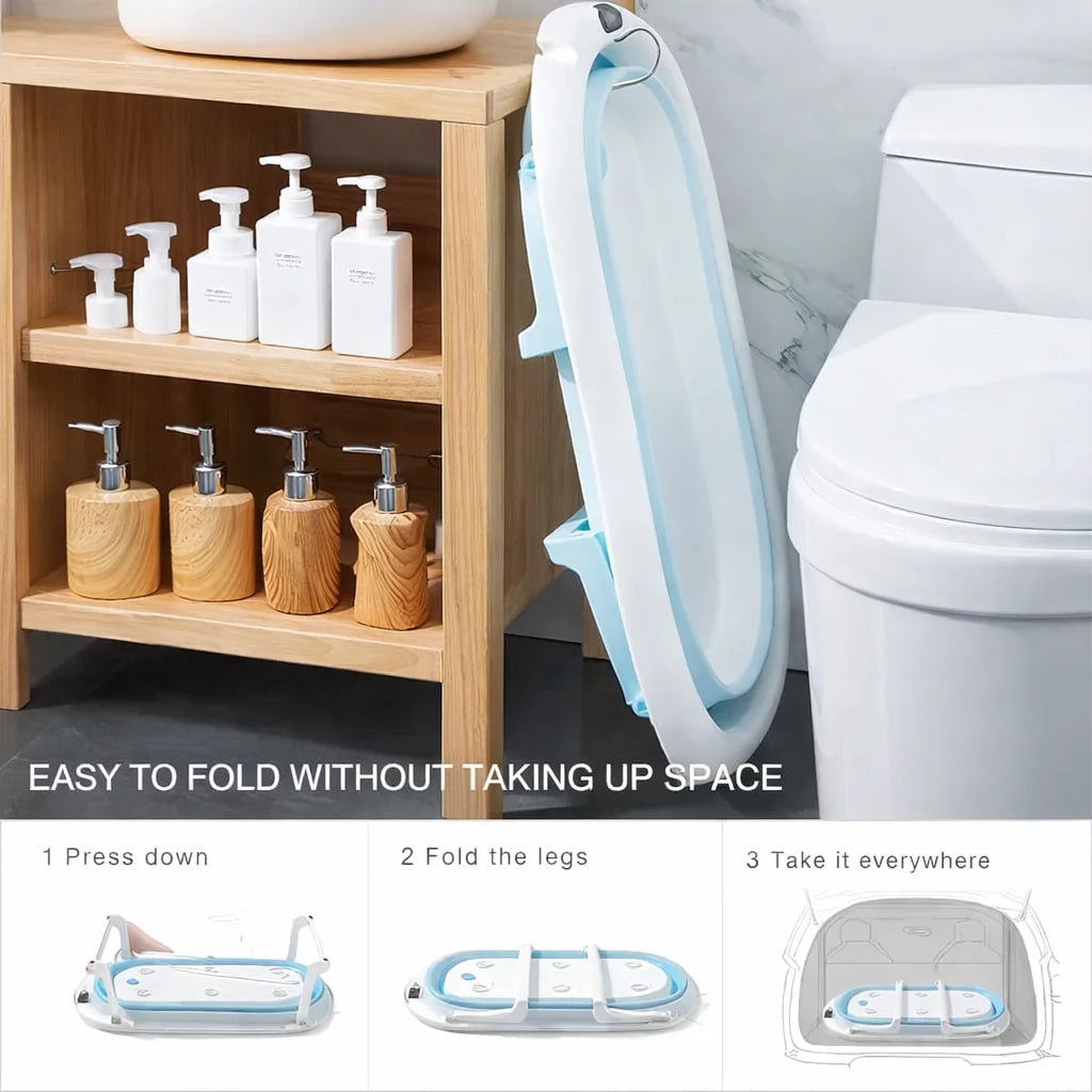 Cadita pliabila albastra pentru nou nascuti cu pernita si termometru incorporat