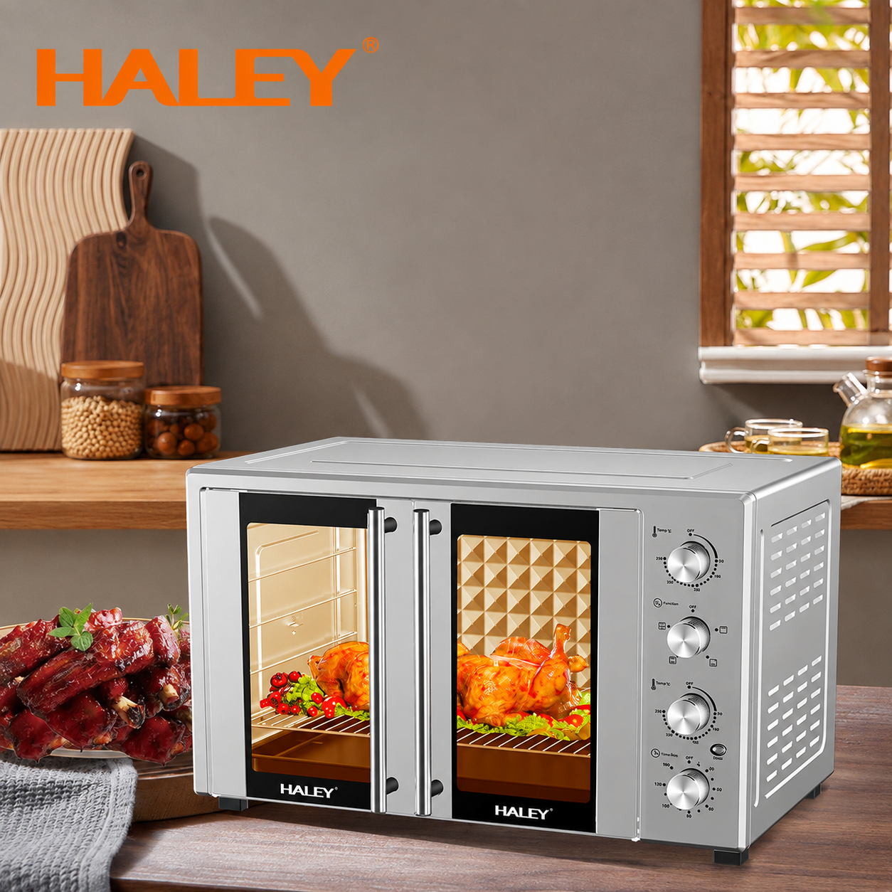 Cuptor electric HALEY HY-5132, 110L, 3600W, temperatură reglabilă până la 250°C, rotisor, timer 120 minute, tavă și grătar incluse