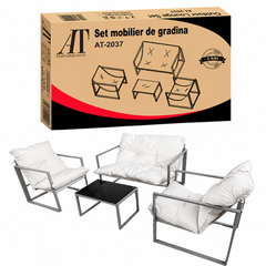 Set Mobilier Grădină AT PERFORMANCE® 4 Piese, Canapea 2 Locuri + 2 Fotolii + Măsuță cu Sticlă Securizată Neagră, Cadru Metalic