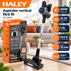 Aspirator Vertical Fără Fir 2 în 1 HALEY HY-3913, 300W, Acumulator Li-Ion 22.2V 2200mAh, Autonomie până la 35 min, Recipient 1L, Perie LED, Negru/Argintiu