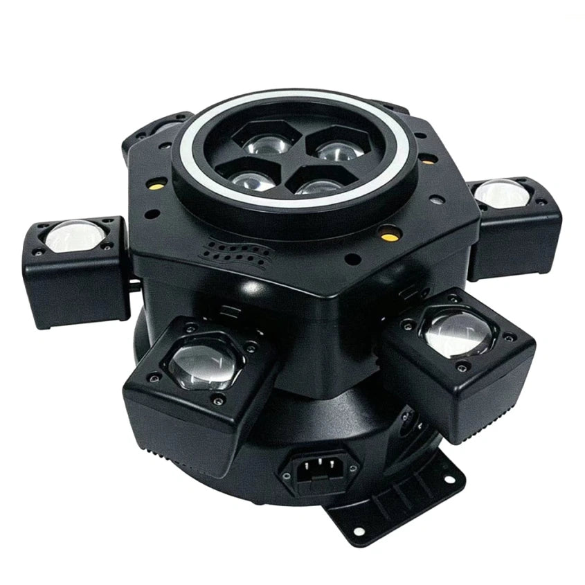 Moving Head LED Bee-Eye cu 6 Beam-uri Mobile, Laser Roșu și Verde, Stroboscop Dublu și Bandă LED RGB – Control DMX512 26 Canale, Master/Slave, Auto-Run și Sound Active pentru Club, DJ, Nunți și Evenimente