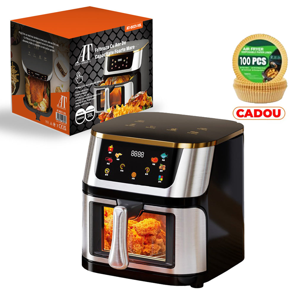 Friteuză cu Aer Cald 10L AT PERFORMANCE® – 2400W, Display Digital Touch, 8 Programe, cu Geam, Neagră + CADOU 100 Hârtii de Copt