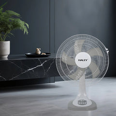 Ventilator de Masă HALEY HY-6018, 16 Inch, 5 Pale, 3 Trepte de Viteză, Oscilație Orizontală, Motor Puternic și Silențios, Alb