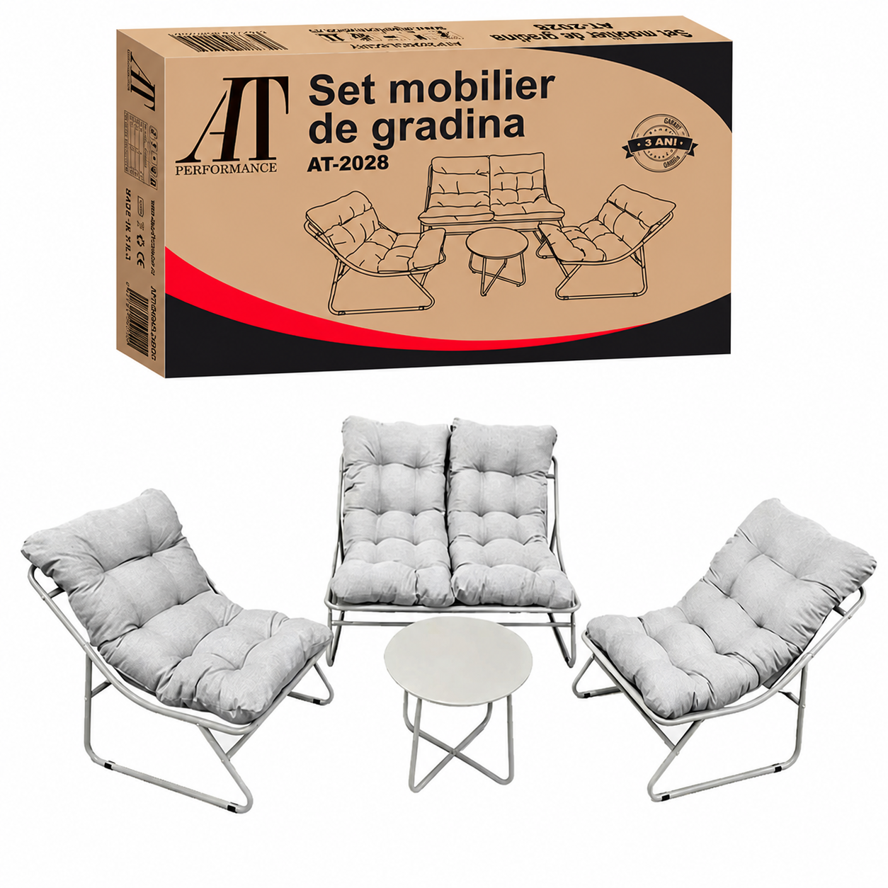 Set Mobilier Grădină AT PERFORMANCE® 4 Piese, Canapea 2 Locuri + 2 Fotolii + Măsuță, Cadru Metalic