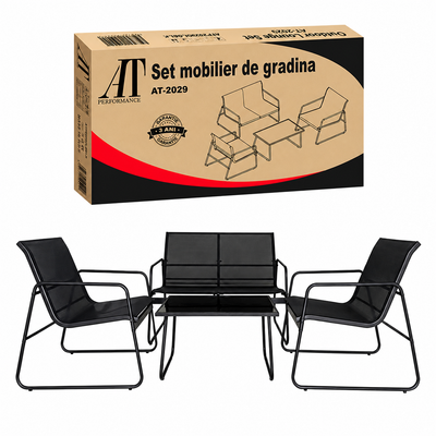 Set Mobilier Grădină AT PERFORMANCE® 4 Piese, Canapea 2 Locuri + 2 Fotolii + Măsuță, Cadru Metalic