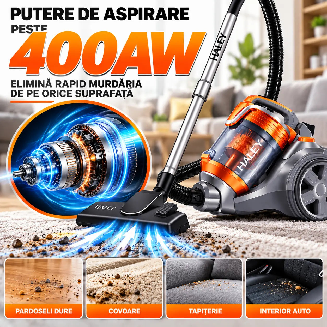 Aspirator portabil HALEY, cu aspirație mare, 4 litri, 3000W, cu saci, Portocaliu/Gri