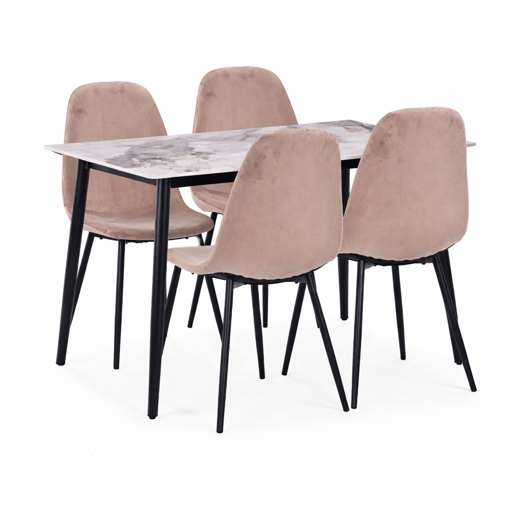 Set masă Bucatarie / Sufragerie cu 4 scaune, blat sintered stone gri și catifea, 120x70 cm