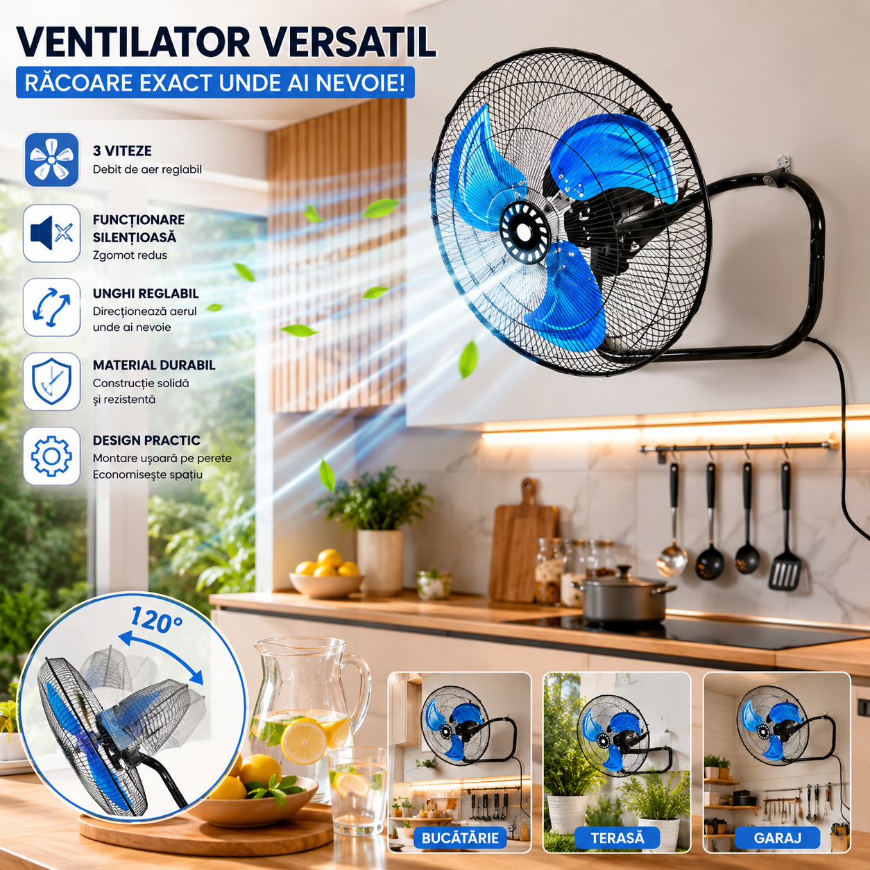 Ventilator 3 în 1 AT PERFORMANCE® AT-2055, 65W, 18 Inch, Podea, Perete și Picior, 3 Viteze, Oscilație, Reglabil pe Înălțime