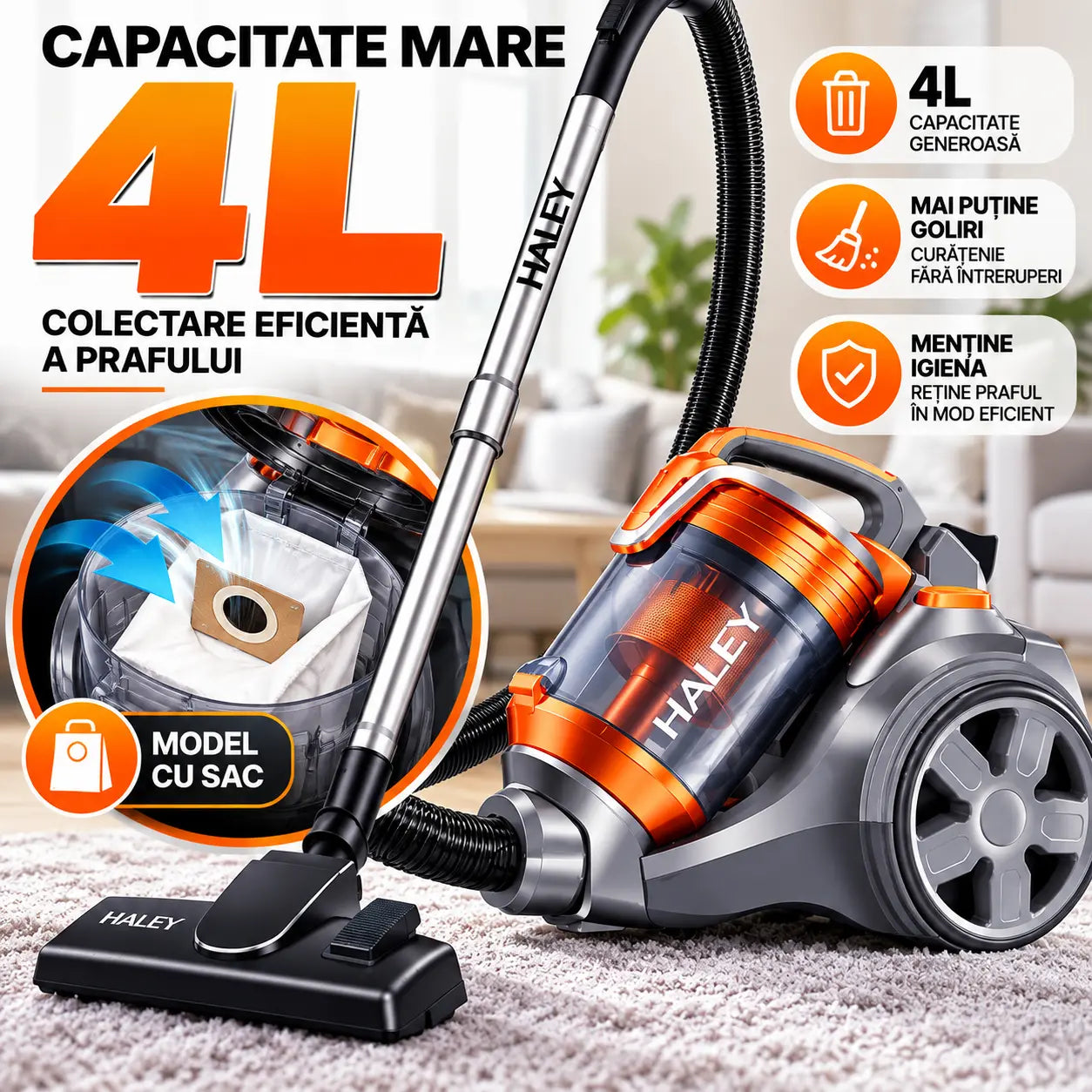 Aspirator portabil HALEY, cu aspirație mare, 4 litri, 3000W, cu saci, Portocaliu/Gri