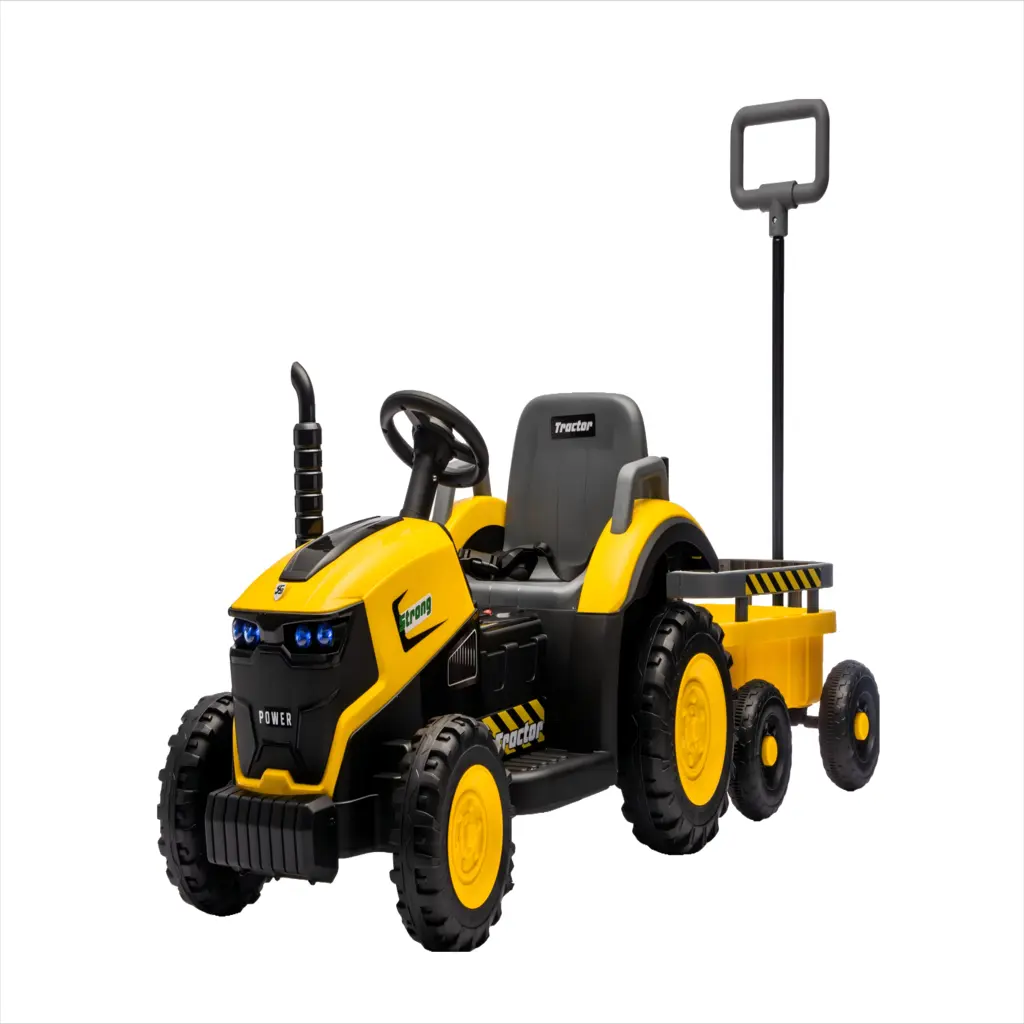 Tractor Electric KIDOO pentru Copii cu Telecomandă 2.4G, Remorcă Detașabilă, 12V 4.5Ah, 2 Motoare 380, Lumini LED, Muzică, Centură de Siguranță, Galben/Gri