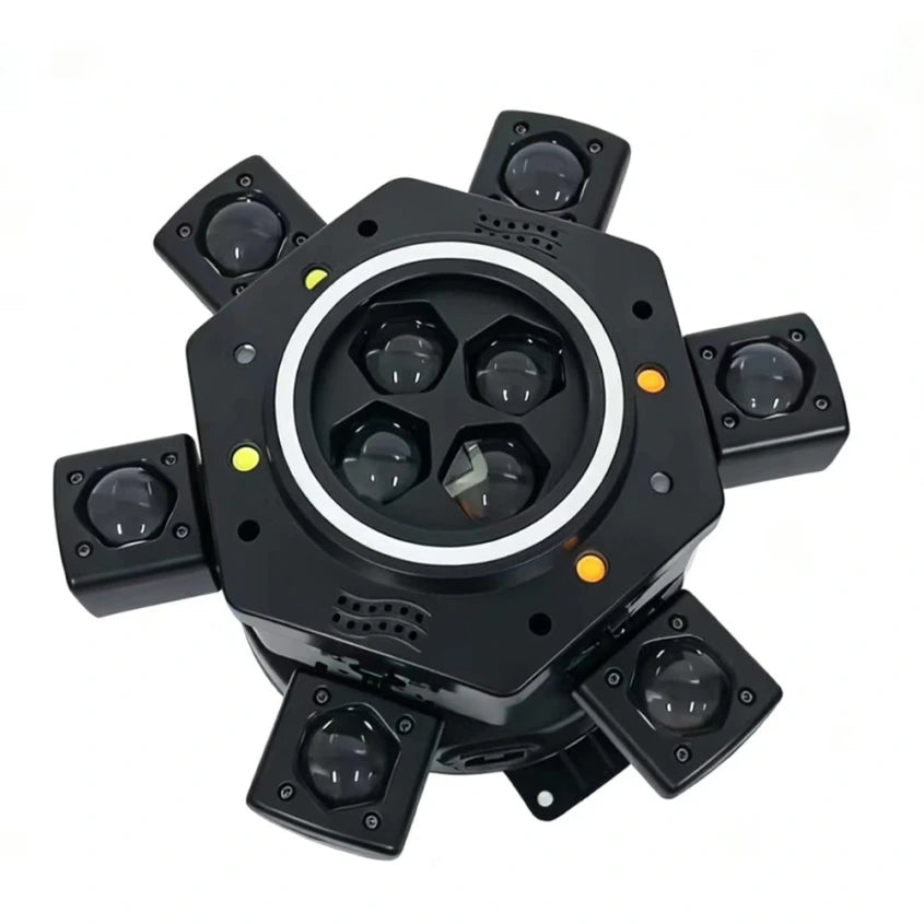 Moving Head LED Bee-Eye cu 6 Beam-uri Mobile, Laser Roșu și Verde, Stroboscop Dublu și Bandă LED RGB – Control DMX512 26 Canale, Master/Slave, Auto-Run și Sound Active pentru Club, DJ, Nunți și Evenimente