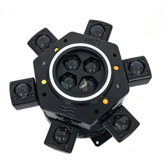 Moving Head LED Bee-Eye cu 6 Beam-uri Mobile, Laser Roșu și Verde, Stroboscop Dublu și Bandă LED RGB – Control DMX512 26 Canale, Master/Slave, Auto-Run și Sound Active pentru Club, DJ, Nunți și Evenimente
